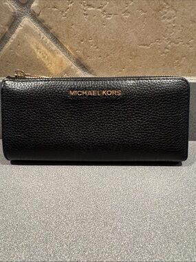 Michael Kors Black Pebbled Leather Continental Zip Wallet with Gold Logo